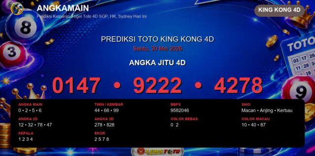 Prediksi togel King Kong 4D hari ini lengkap 2D 3D 4D 30 Mei 2026