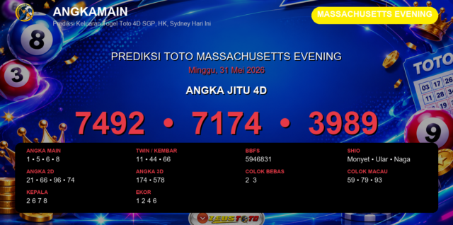 Prediksi togel Massachusetts Evening hari ini lengkap 2D 3D 4D 31 Mei 2026