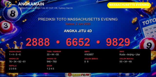 Prediksi togel Massachusetts Evening hari ini lengkap 2D 3D 4D 2 Juni 2026