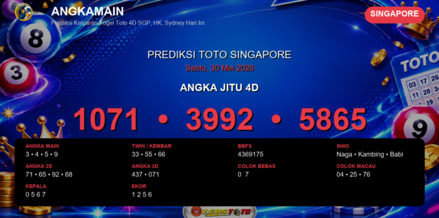 Prediksi togel Singapore hari ini lengkap 2D 3D 4D 30 Mei 2026