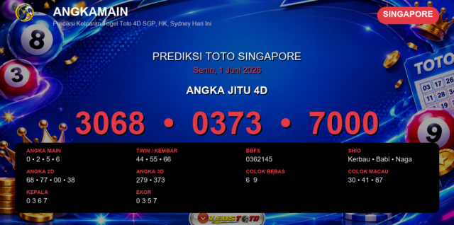 Prediksi togel Singapore hari ini lengkap 2D 3D 4D 1 Juni 2026