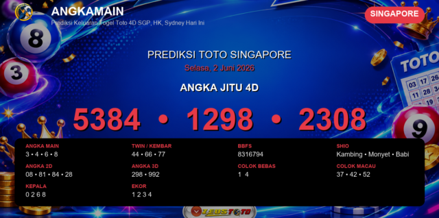 Prediksi togel Singapore hari ini lengkap 2D 3D 4D 2 Juni 2026