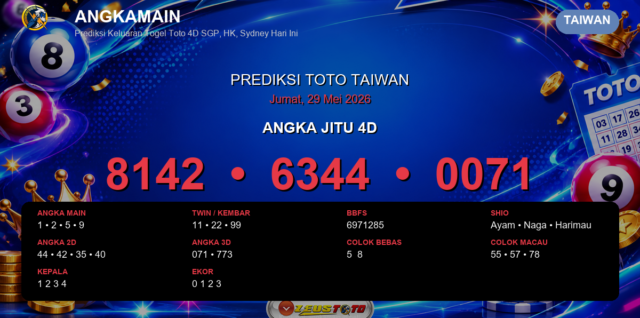 Prediksi togel Taiwan hari ini lengkap 2D 3D 4D 29 Mei 2026