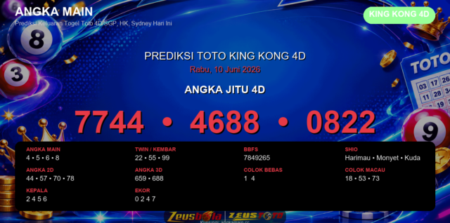 Prediksi togel King Kong 4D hari ini lengkap 2D 3D 4D 10 Juni 2026