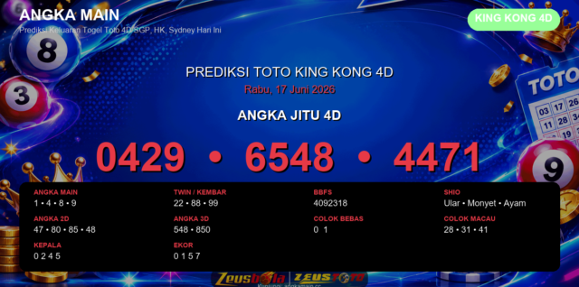 Prediksi togel King Kong 4D hari ini lengkap 2D 3D 4D 17 Juni 2026