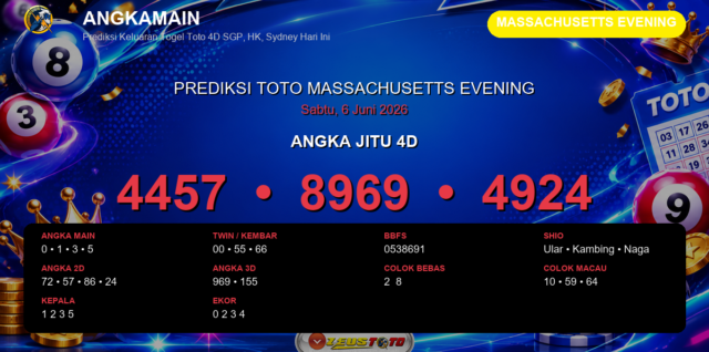 Prediksi togel Massachusetts Evening hari ini lengkap 2D 3D 4D 6 Juni 2026