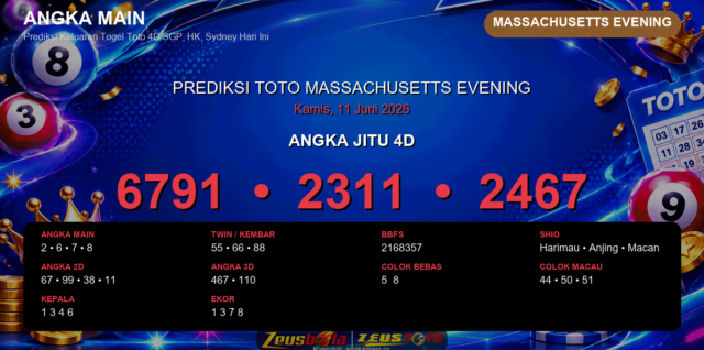Prediksi togel Massachusetts Evening hari ini lengkap 2D 3D 4D 11 Juni 2026
