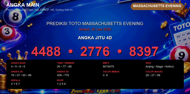 Prediksi togel Massachusetts Evening hari ini lengkap 2D 3D 4D 30 Juni 2026