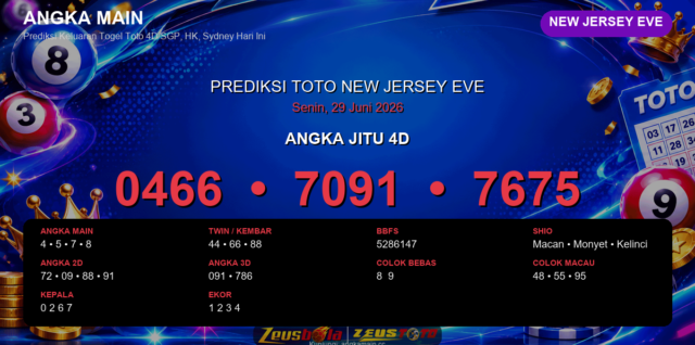 Prediksi togel New Jersey EVE hari ini lengkap 2D 3D 4D 29 Juni 2026