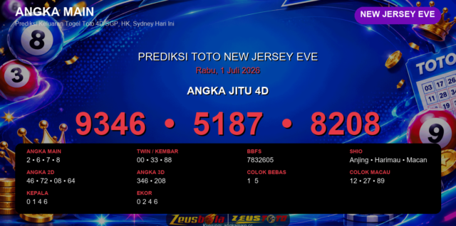 Prediksi togel New Jersey EVE hari ini lengkap 2D 3D 4D 1 Juli 2026