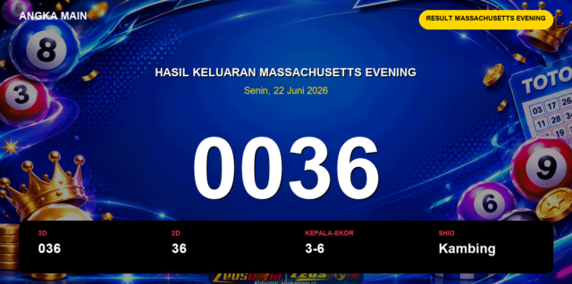 Result Massachusetts Evening hari ini 22 Juni 2026 angka 0036