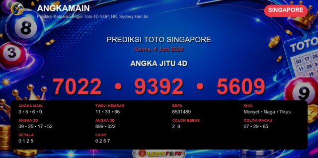 Prediksi togel Singapore hari ini lengkap 2D 3D 4D 4 Juni 2026