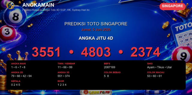 Prediksi togel Singapore hari ini lengkap 2D 3D 4D 5 Juni 2026