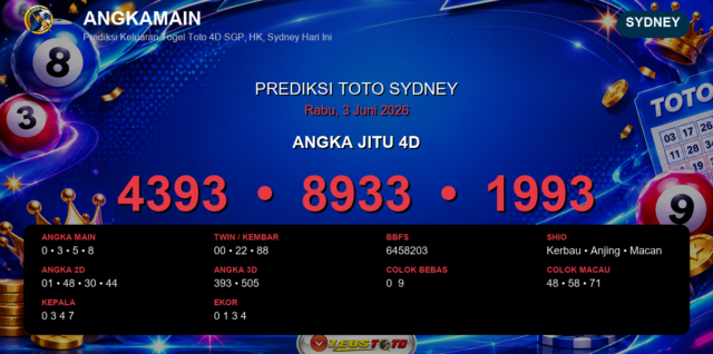 Prediksi togel Sydney hari ini lengkap 2D 3D 4D 3 Juni 2026