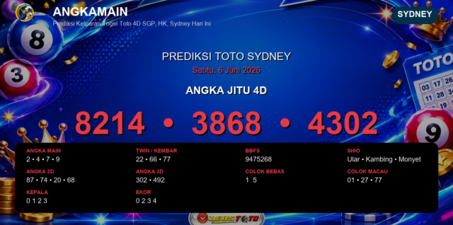 Prediksi togel Sydney hari ini lengkap 2D 3D 4D 6 Juni 2026