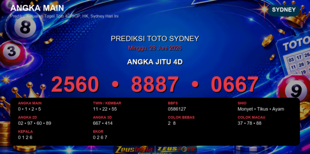 Prediksi togel Sydney hari ini lengkap 2D 3D 4D 28 Juni 2026