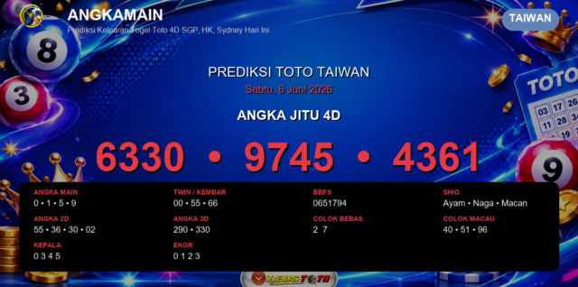 Prediksi togel Taiwan hari ini lengkap 2D 3D 4D 6 Juni 2026