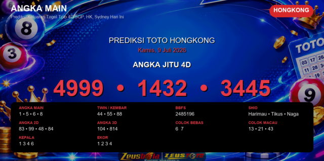 Prediksi togel Hongkong hari ini lengkap 2D 3D 4D 9 Juli 2026
