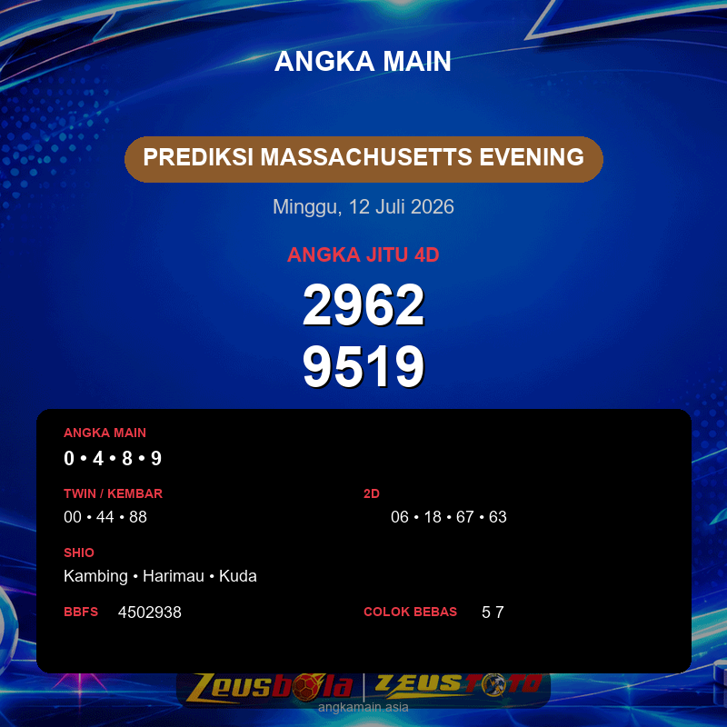 Prediksi togel Massachusetts Evening hari ini lengkap 2D 3D 4D 12 Juli 2026