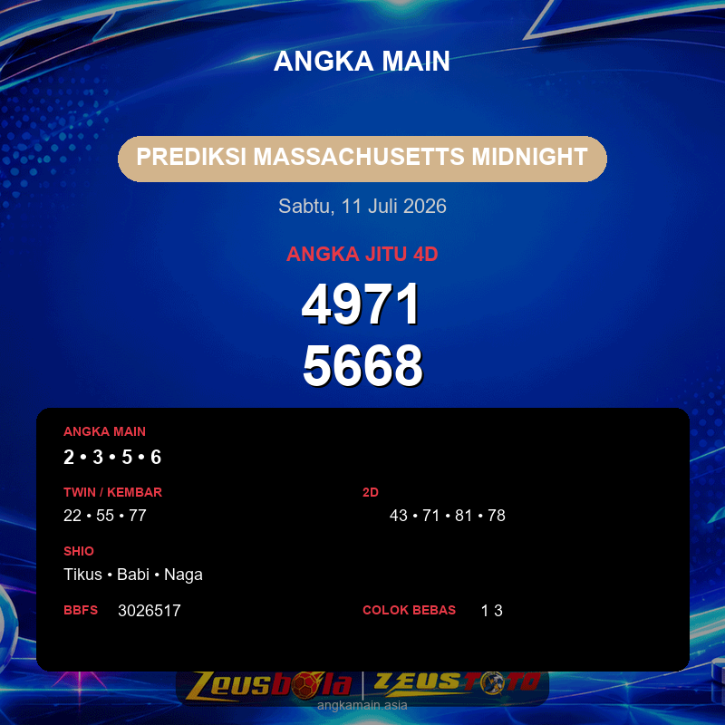 Prediksi togel Massachusetts Midnight hari ini lengkap 2D 3D 4D 11 Juli 2026