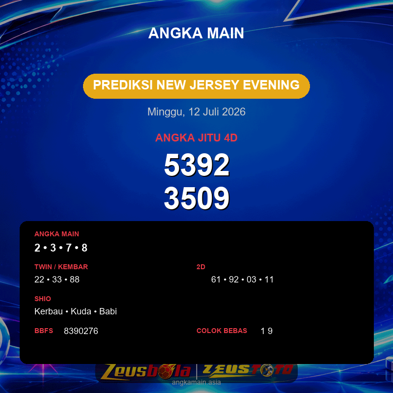 Prediksi togel New Jersey Evening hari ini lengkap 2D 3D 4D 12 Juli 2026