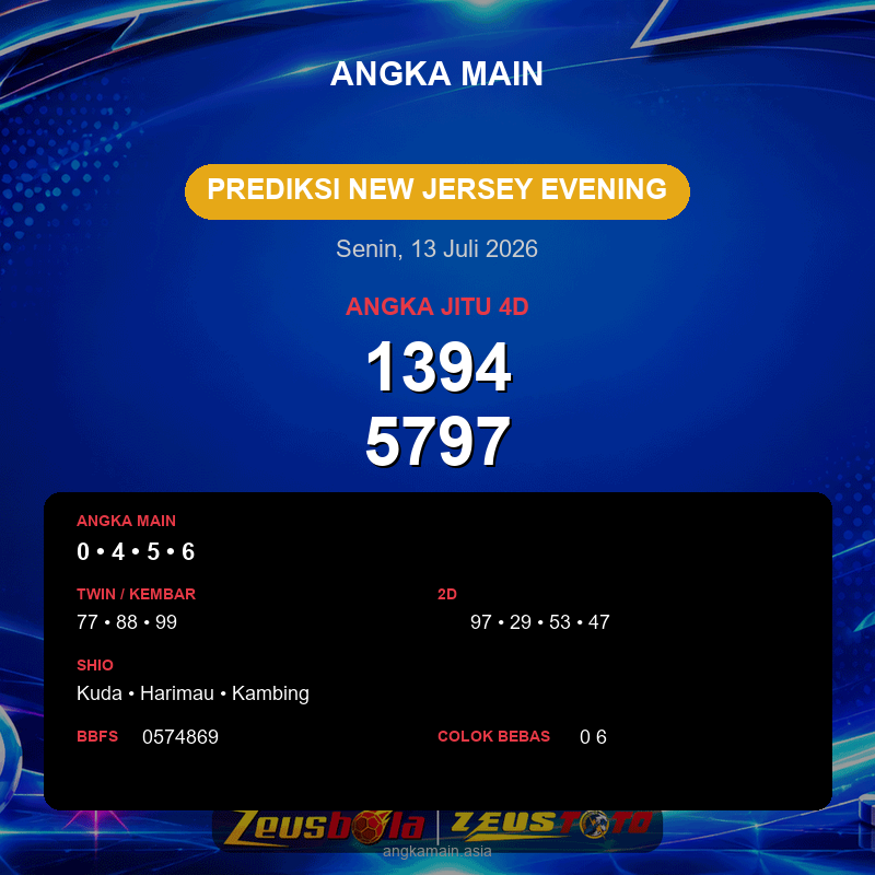 Prediksi togel New Jersey Evening hari ini lengkap 2D 3D 4D 13 Juli 2026