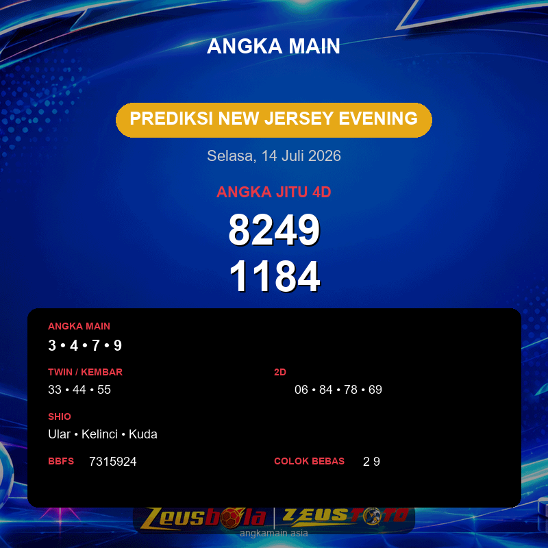 Prediksi togel New Jersey Evening hari ini lengkap 2D 3D 4D 14 Juli 2026