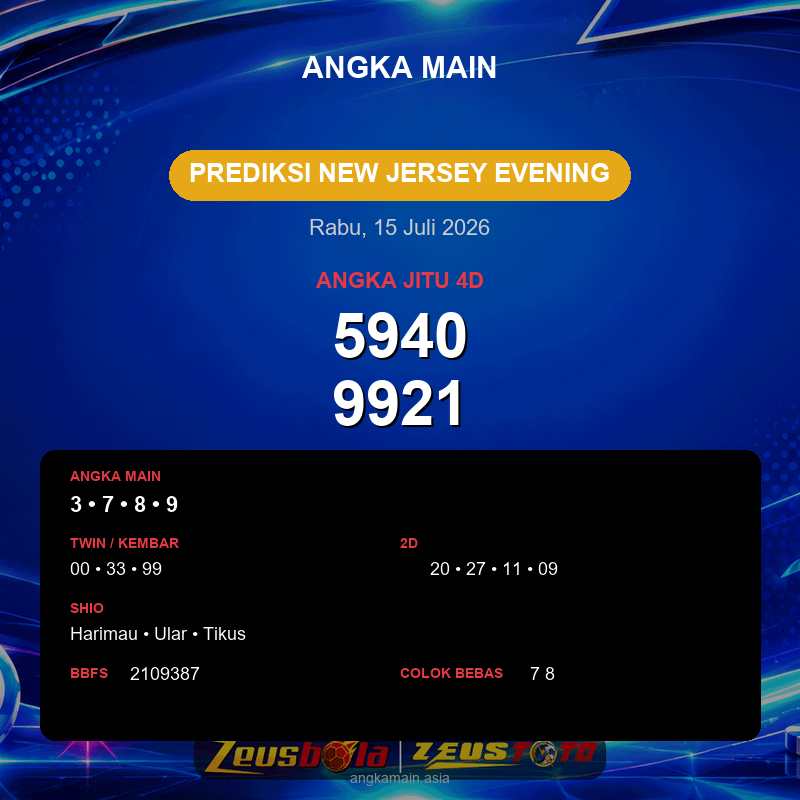 Prediksi togel New Jersey Evening hari ini lengkap 2D 3D 4D 15 Juli 2026