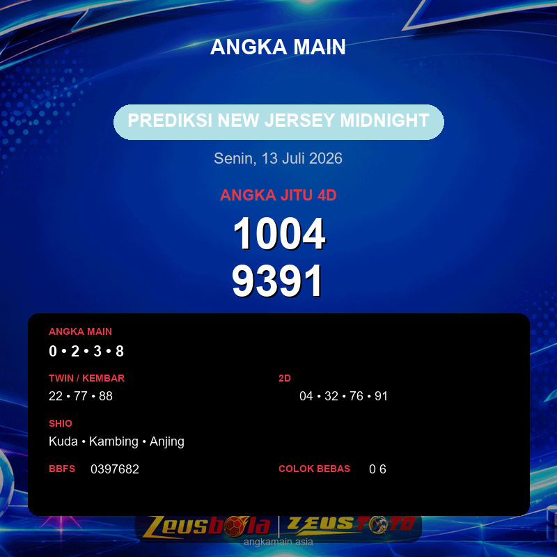 Prediksi togel New Jersey Midnight hari ini lengkap 2D 3D 4D 13 Juli 2026