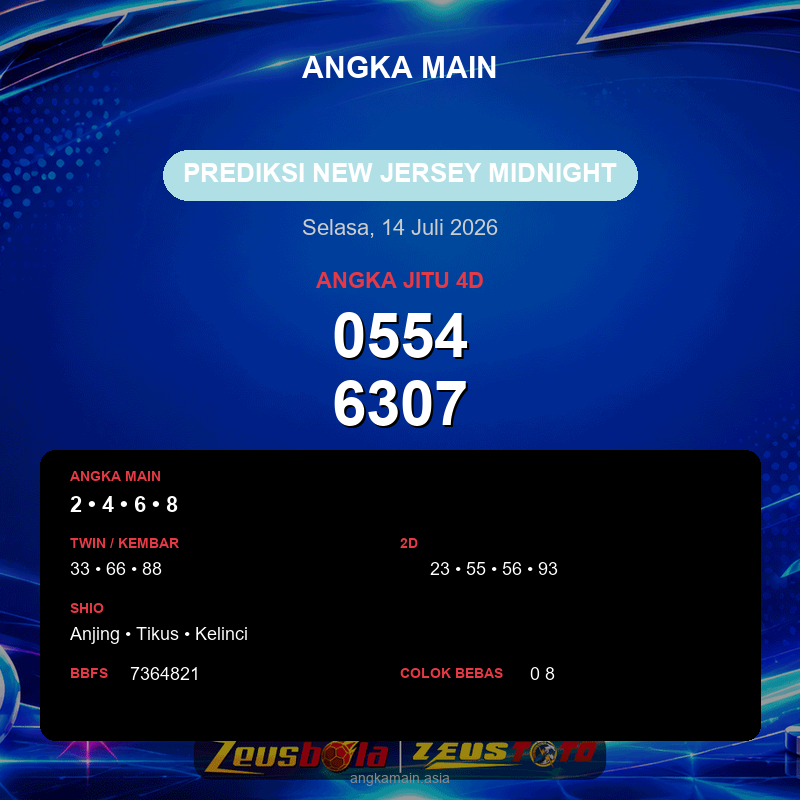 Prediksi togel New Jersey Midnight hari ini lengkap 2D 3D 4D 14 Juli 2026