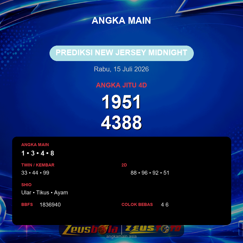 Prediksi togel New Jersey Midnight hari ini lengkap 2D 3D 4D 15 Juli 2026