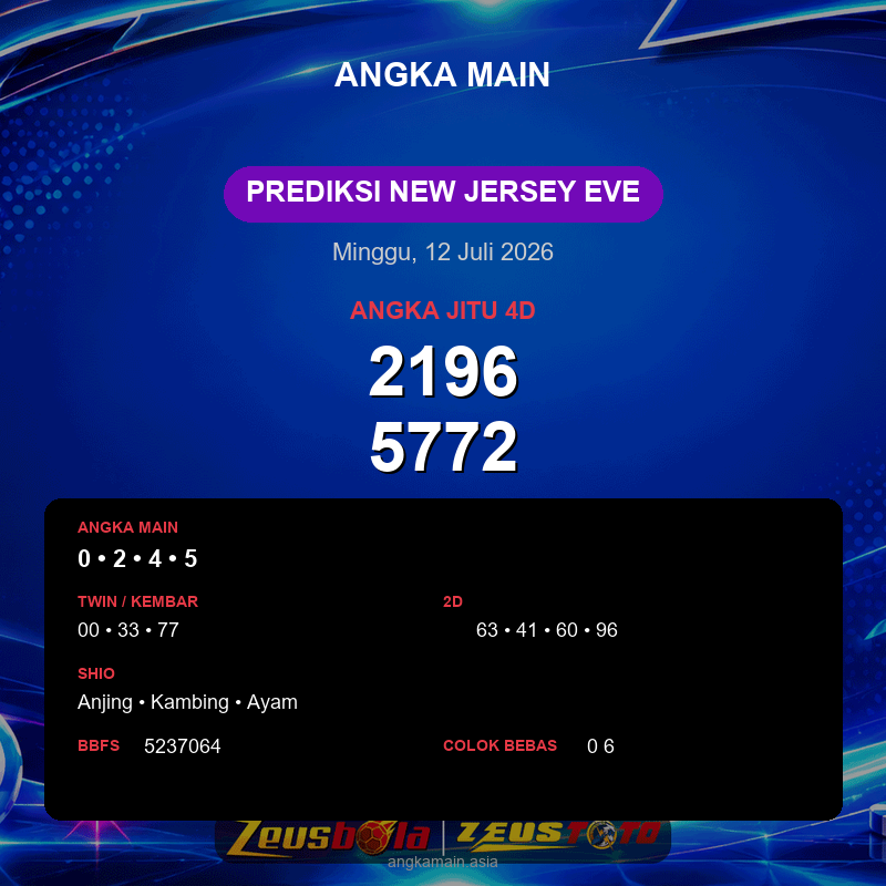Prediksi togel New Jersey EVE hari ini lengkap 2D 3D 4D 12 Juli 2026
