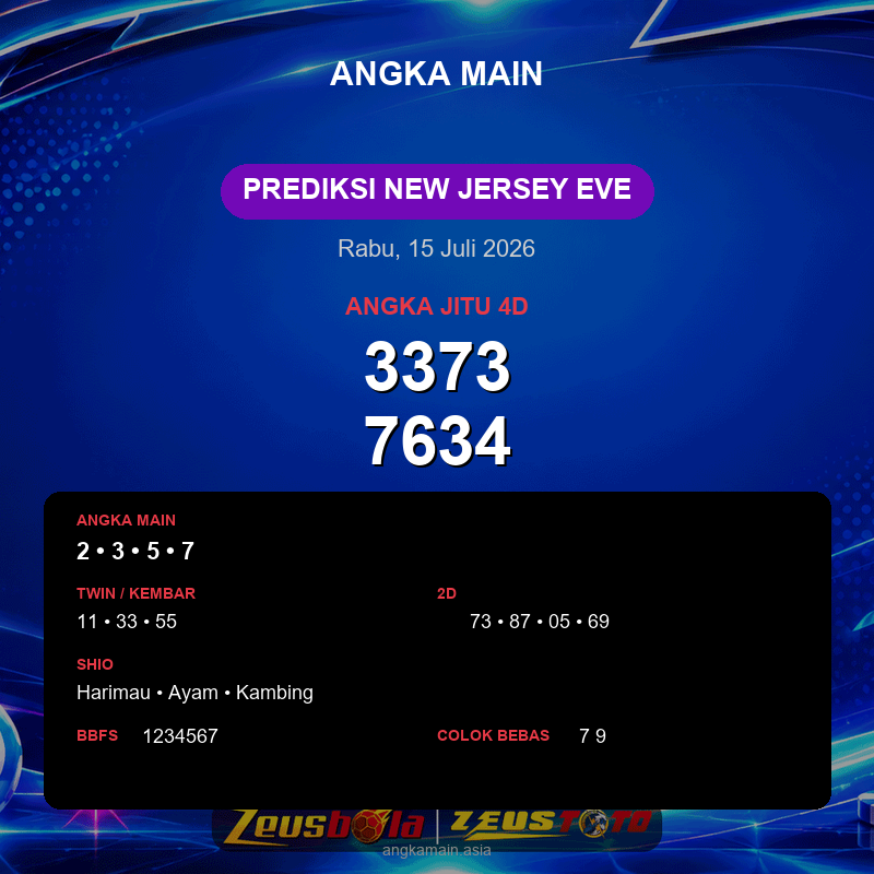 Prediksi togel New Jersey EVE hari ini lengkap 2D 3D 4D 15 Juli 2026